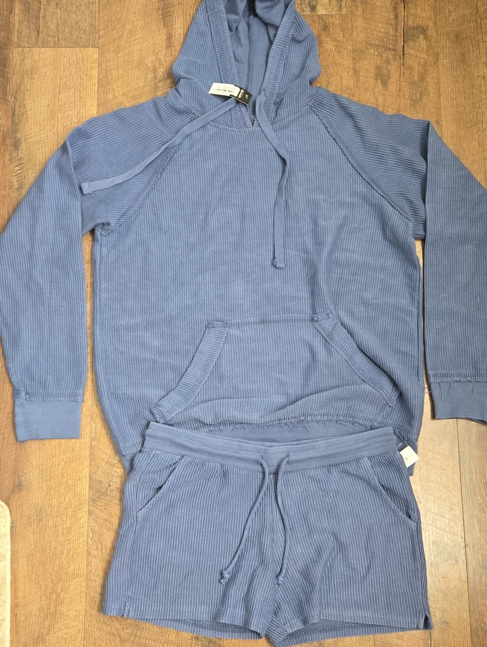 Women’s Blue Ribbed Cotton Blend Hooded Set - Cozy Short & Hoodie Set